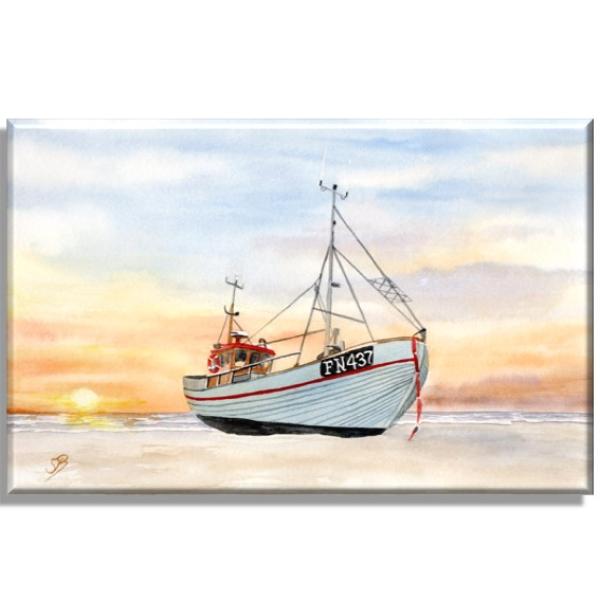 Leinwand 30 x 20 cm Keilrahmen Canvas-Leinen  Zwei Fischerboote am Strand  Aquarell Maritim Kunst Druck Kunstdruck Dänemark Nordsee Düne Meer Möwe Strand